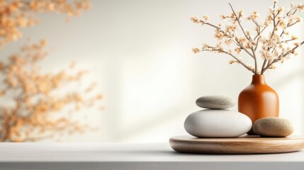 Wall Mural - Serene stones, blossoms in terracotta vase; minimalist zen scene.