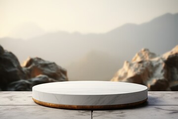 Poster - Elegant White Stone Plate on a Scenic Background with Soft Mountains and Natural Lighting Ideal for Presentation and Display Purposes