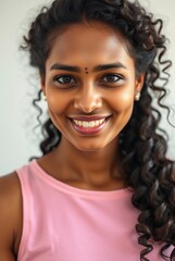 Wall Mural - Portrait of a Smiling South Asian Woman with Curly Hair and Traditional Bindi