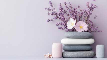 Wall Mural - Serene Lavender & Stones: A tranquil scene of stacked stones and delicate lavender blossoms.