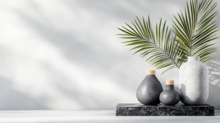 Wall Mural - Serene Still Life: Modern vases and palm leaf, minimalist design.