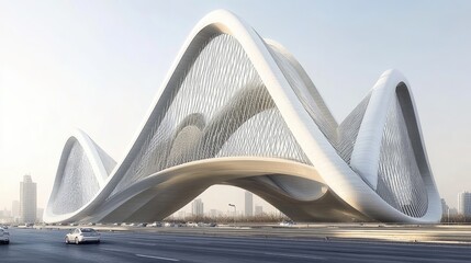 Poster - A modern architectural structure with flowing, wave-like design, serving as a transport hub.