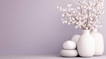 Wall Mural - Tranquil scene: White flowers in stone vases, serene stones.