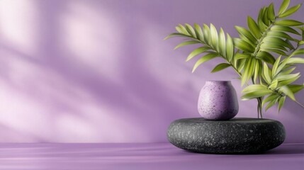 Wall Mural - Serene Still Life: Purple Vase, Stone, and Lush Greenery