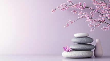 Wall Mural - Serene stones, blossom branch, peaceful scene; zen vibes.