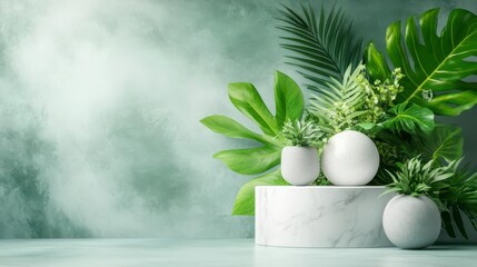 Wall Mural - Serene Tropical Escape: Eggs, plants, and marble create a peaceful zen scene.