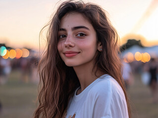 Wall Mural - Close-up mockup portrait young woman blank white T-shirt smiling warmly outdoors during golden hour blurred festival background vibrant cheerful atmosphere branding advertising ecommerce lively