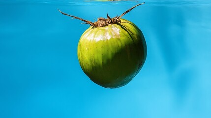 Wall Mural - A green coconut floating in clear blue water, showcasing its natural beauty.