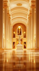 Sticker - A grand hall featuring classical architecture, sculptures, and artwork, illuminated warmly.