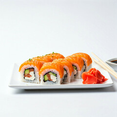 Wall Mural - closeup of delicious salmon sushi rolls on a white plate with ginger and soy sauce