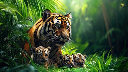 Wall Mural - A tiger and its cubs resting in a lush, green jungle environment.