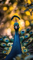 Wall Mural - A vibrant peacock displaying its colorful feathers in a natural setting.