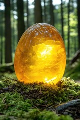 Wall Mural - A glowing amber egg-shaped object illuminated in a forest setting.