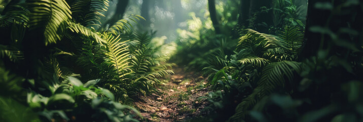 Wall Mural - beautiful green forest with lush plant life growing on the ground, generative ai