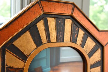 Sticker - Close-up of a decorative mirror frame with a geometric design in warm tones.