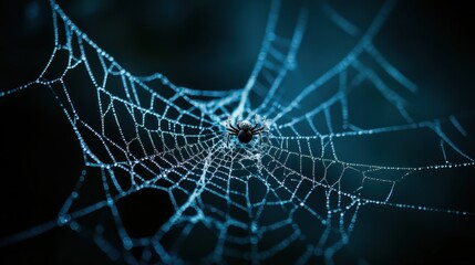 Dew-covered spiderweb with a spider in center; intricate design, dark background. Ideal for Halloween, nature, or mystery themes; evokes feelings of suspense and intrigue.