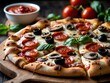 © Rizky Rahmat Hidayat - A delicious pizza with pepperoni, olives, mushrooms, and bell peppers and others. Ai Generative.