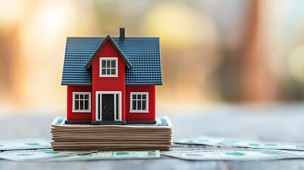 A small red house model sits atop a stack of money, symbolizing real estate investment and financial growth.