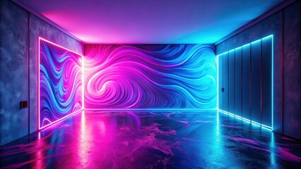 Wall Mural - abstract neon room with swirling wave wall art and illuminated floor