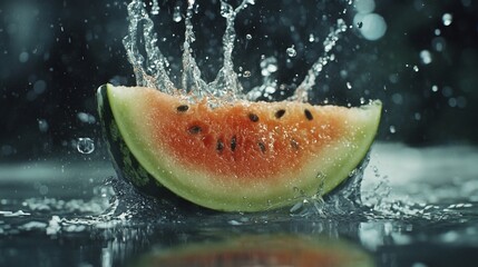 Wall Mural - A juicy watermelon slice splashes into water, creating dynamic droplets and vibrant colors.