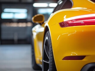 Poster - A close-up of a sleek yellow sports car showcasing its design and rear features.