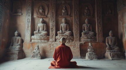 Wall Mural - Caucasian monk in a Chinese monastery prays at an ancient wall with carved images of Buddha, immersed in his thoughts and prayers