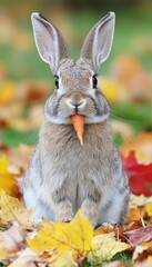 Wall Mural - A rabbit holding a carrot amidst colorful autumn leaves.