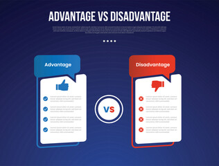 advantage vs disadvantage infographic for comparison data with creative, table box with callout comment header with modern dark gradient style background with 2 point information