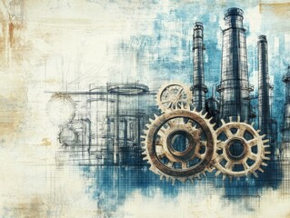 Poster - Industrial illustration featuring gears and smokestacks, symbolizing machinery and innovation.