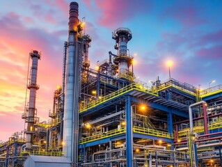 Wall Mural - Industrial complex with smokestacks and pipelines under a colorful sunset sky.