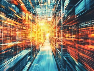 Poster - A dynamic, abstract representation of a modern storage facility with vibrant light effects.