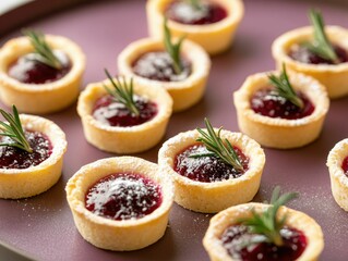 Cranberry brie tartlets: Golden flaky crust, rosemary garnish, bite-sized appetizers. Holiday snacks, gourmet party food, festive treats.