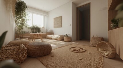 Sticker - A cozy, minimalist room with natural elements and soft textures for relaxation.