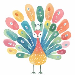 Poster - Watercolor. Colorful peacock illustration with vibrant feathers and playful design elements.