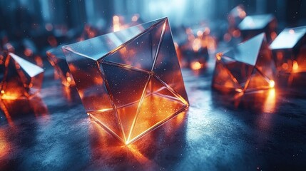 Poster - A collection of glowing, transparent geometric shapes on a reflective surface.