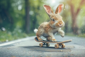 Wall Mural - Ultra Quality Image of Funny Bunny Riding a Skateboard on a Summer Day