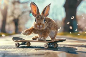 Wall Mural - Vibrant Image of Funny Bunny Riding a Skateboard on a Summer Day