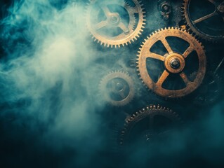 Poster - A close-up of intricate gears surrounded by a misty atmosphere, evoking a steampunk aesthetic.