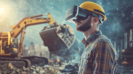 Wall Mural - construction worker wearing a virtual reality headset on a building site with heavy machinery in the