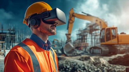 Wall Mural - construction worker wearing a virtual reality headset on a building site with heavy machinery in the