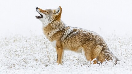 Naklejka na meble A coyote howling in a snowy landscape, showcasing wildlife in winter conditions.