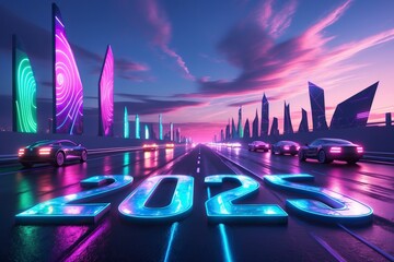 Poster - a glossy, high-tech asphalt road stretches into the distance, with the bold, metallic '2025' text et