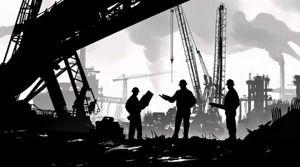 Wall Mural - Engineers Collaborating on Blueprints at Construction Site