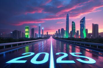 Poster - a glossy, high-tech asphalt road stretches into the distance, with the bold, metallic '2025' text et