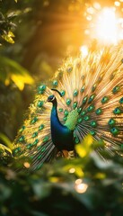 Wall Mural - A vibrant peacock displaying its feathers amidst lush greenery and sunlight.