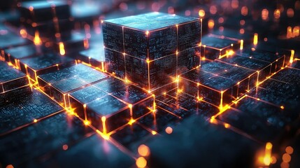 Poster - A digital landscape featuring glowing cubes and intricate patterns, symbolizing technology and data.