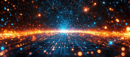 Poster - A digital landscape filled with vibrant particles and glowing lights, suggesting a cosmic theme.