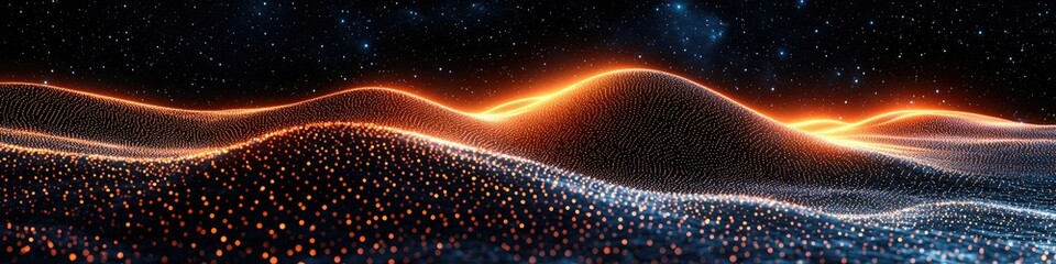 Poster - A digital landscape of glowing waves and particles against a starry background.