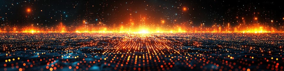 Poster - A digital landscape with glowing lights and a vibrant horizon, evoking a sense of energy.