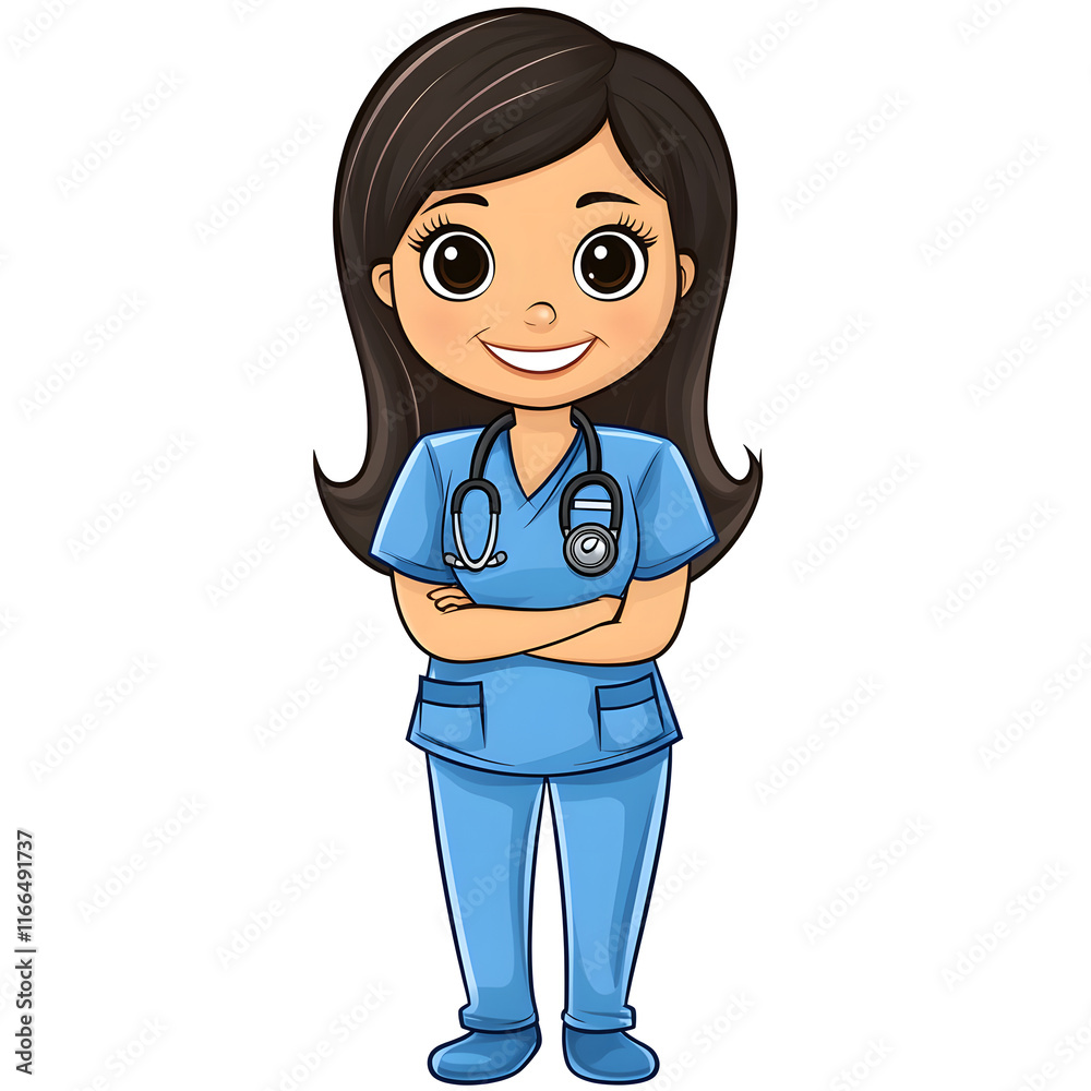 cheerful cartoon nurse wearing scrubs and stethoscope, smiling confidently.  This illustration captures essence of healthcare and compassion in playful  style Stock Photo | Adobe Stock, image size:1000x1000